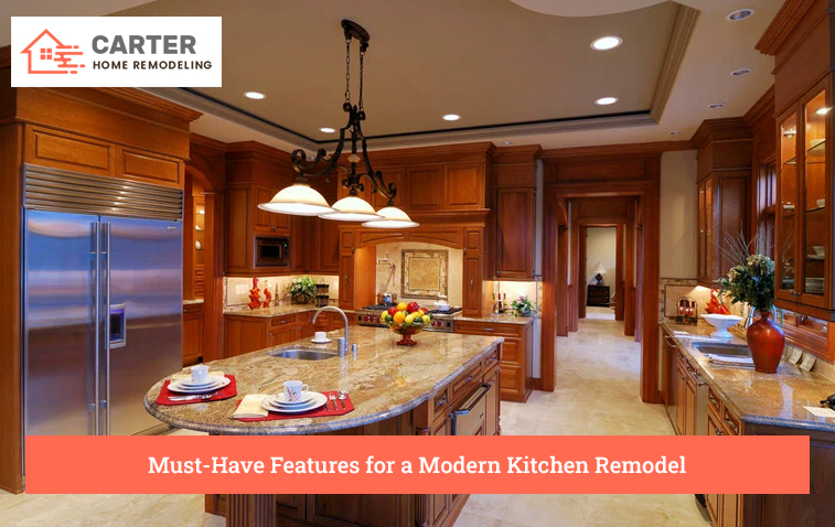 Modern kitchen with wooden storage cabinets and worktops