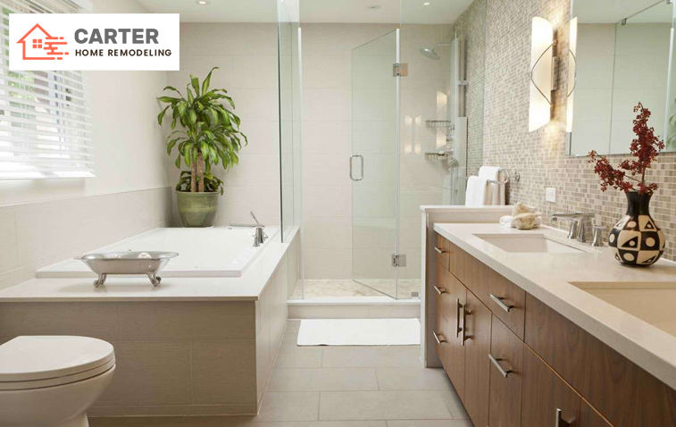 Spacious 150 square feet bathroom layout featuring modern fixtures and ample storage.