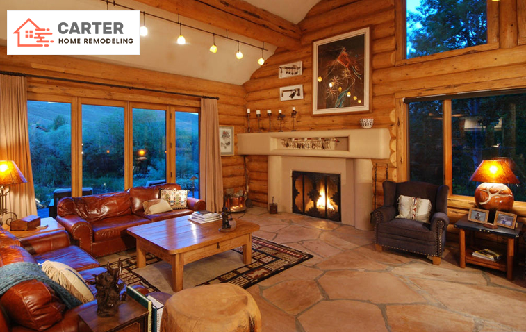 Cozy interior with wooden walls and fireplace, ideal for winter.