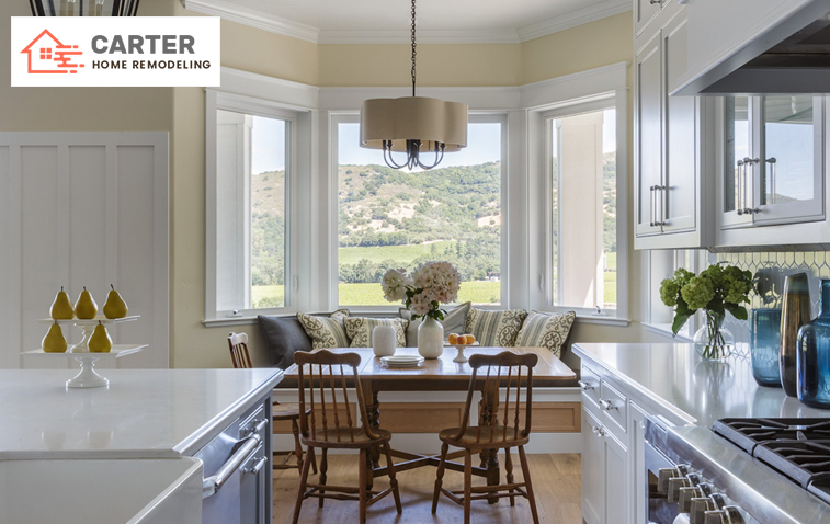 Stylish breakfast nook with seating, cushions, and functional storage.