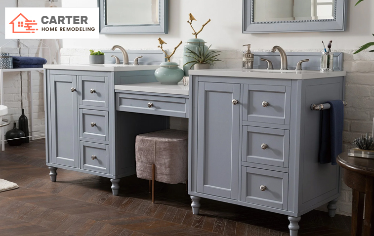 Close-up view of double sink vanity with storage compartments